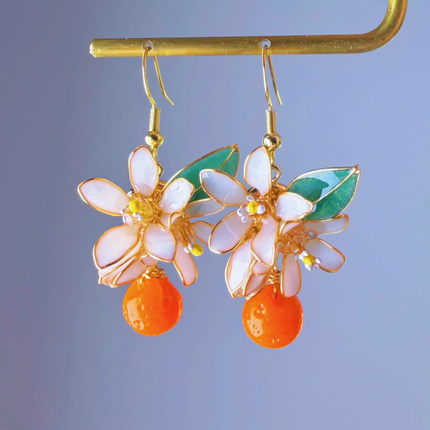 Handmade Citrus Orange Blossom Flowers and Fruit Drop Earrings