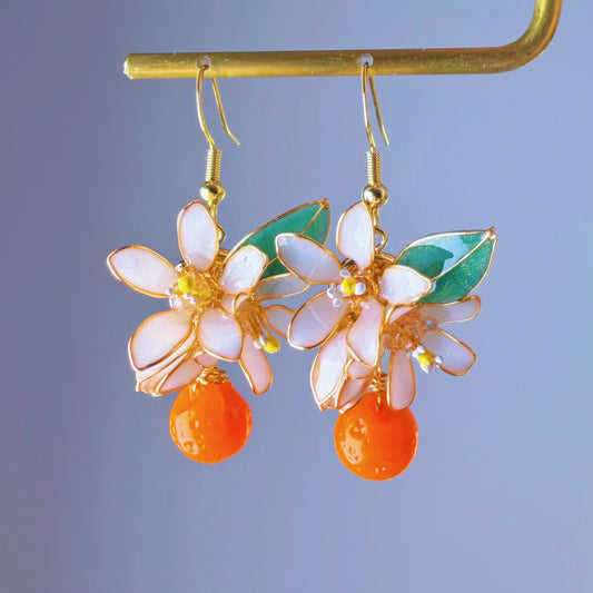 Handmade Citrus Orange Blossom Flowers and Fruit Drop Earrings