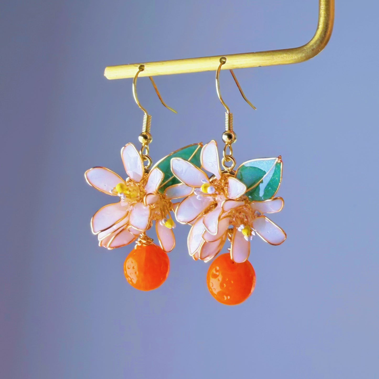 Handmade Citrus Orange Blossom Flowers and Fruit Drop Earrings