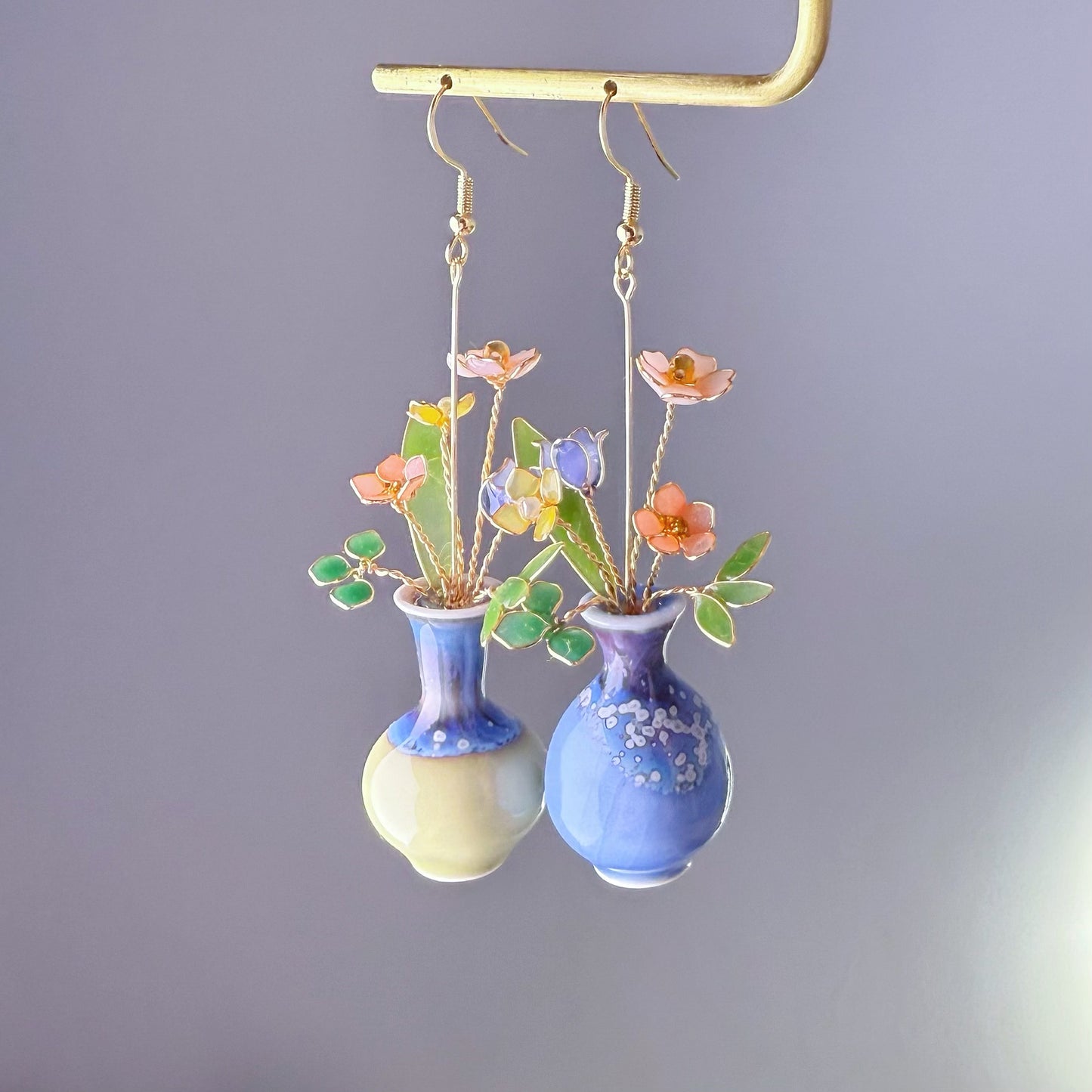 Handmade Summer Flowers Bouquet in Ceramic Vase Earrings