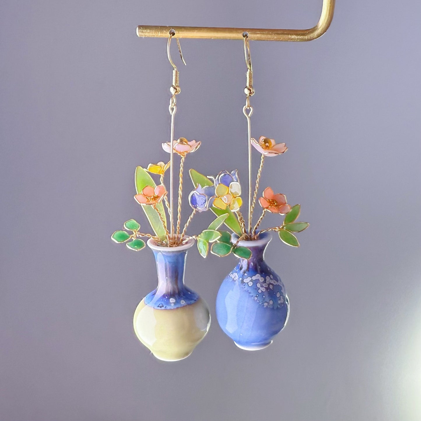 Handmade Summer Flowers Bouquet in Ceramic Vase Earrings