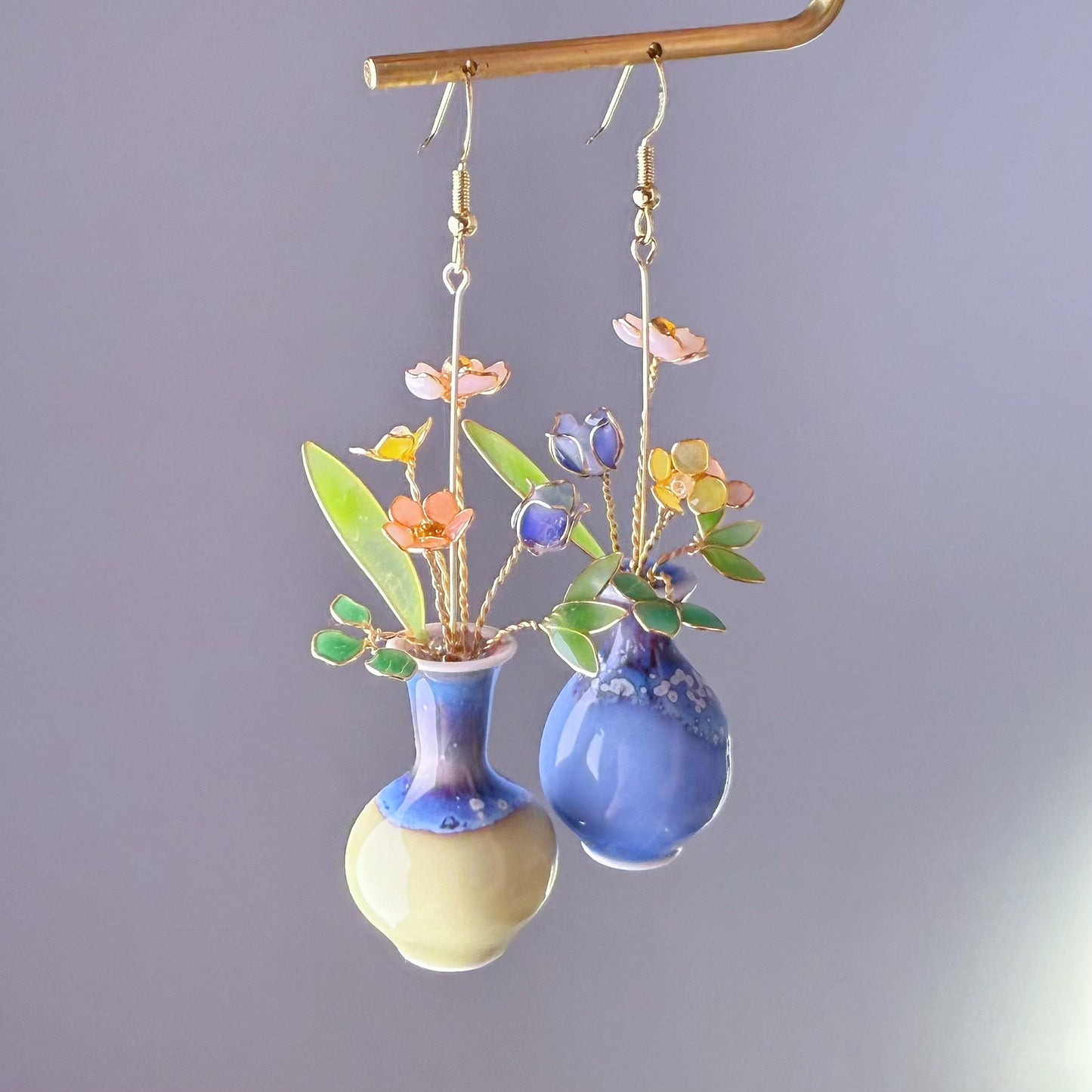 Handmade Summer Flowers Bouquet in Ceramic Vase Earrings