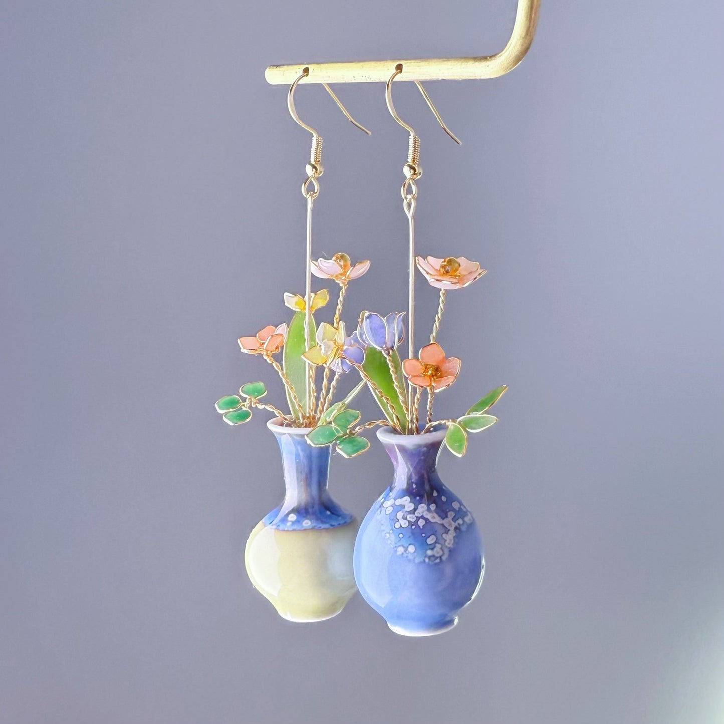 Handmade Summer Flowers Bouquet in Ceramic Vase Earrings