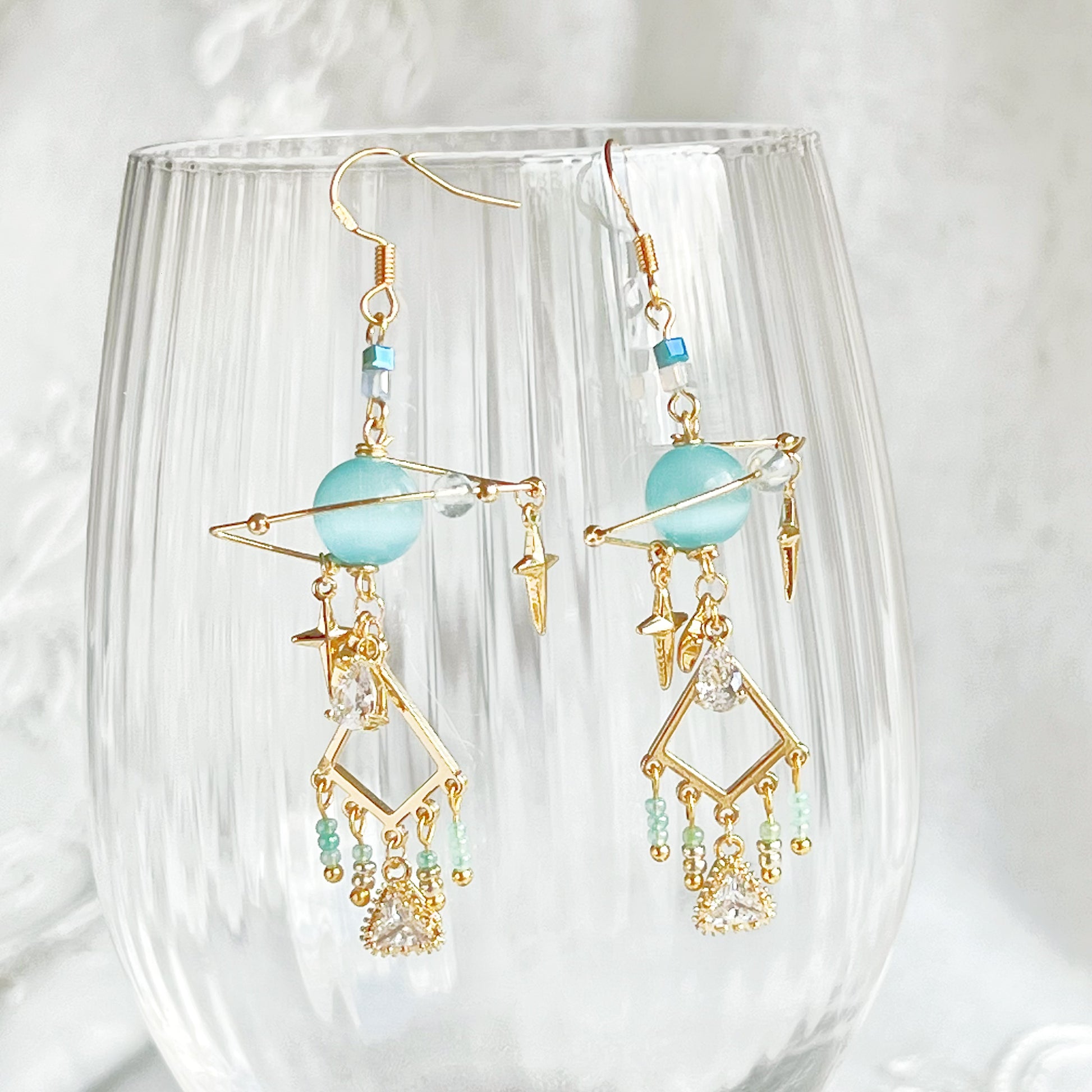 Blue Cat Eye Stone Planet Drop Earrings-Ninaouity