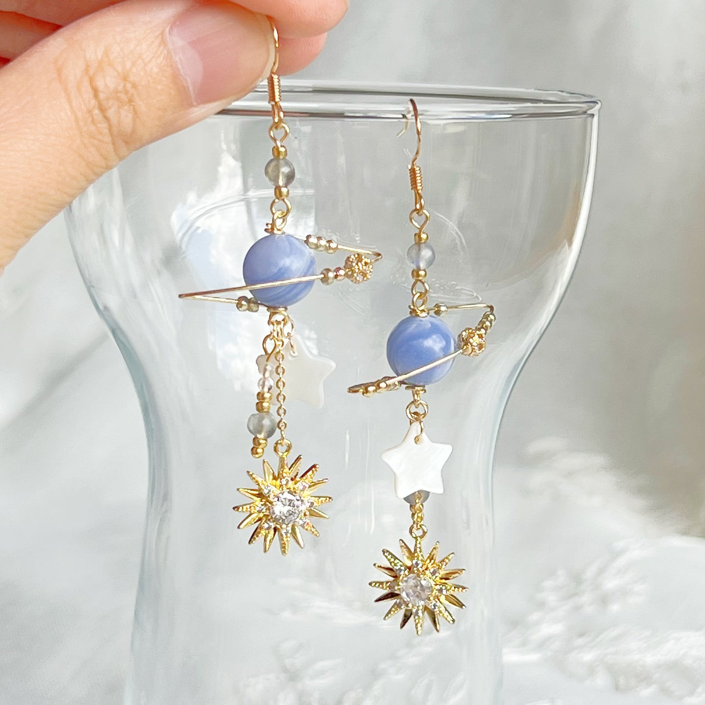 Blue Sodalite Stone Planet Sun and Star Earrings-Ninaouity
