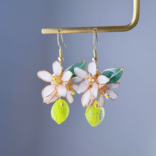 Handmade Citrus Green Lemon Lime Blossom Flowers and Leaves Drop Earrings