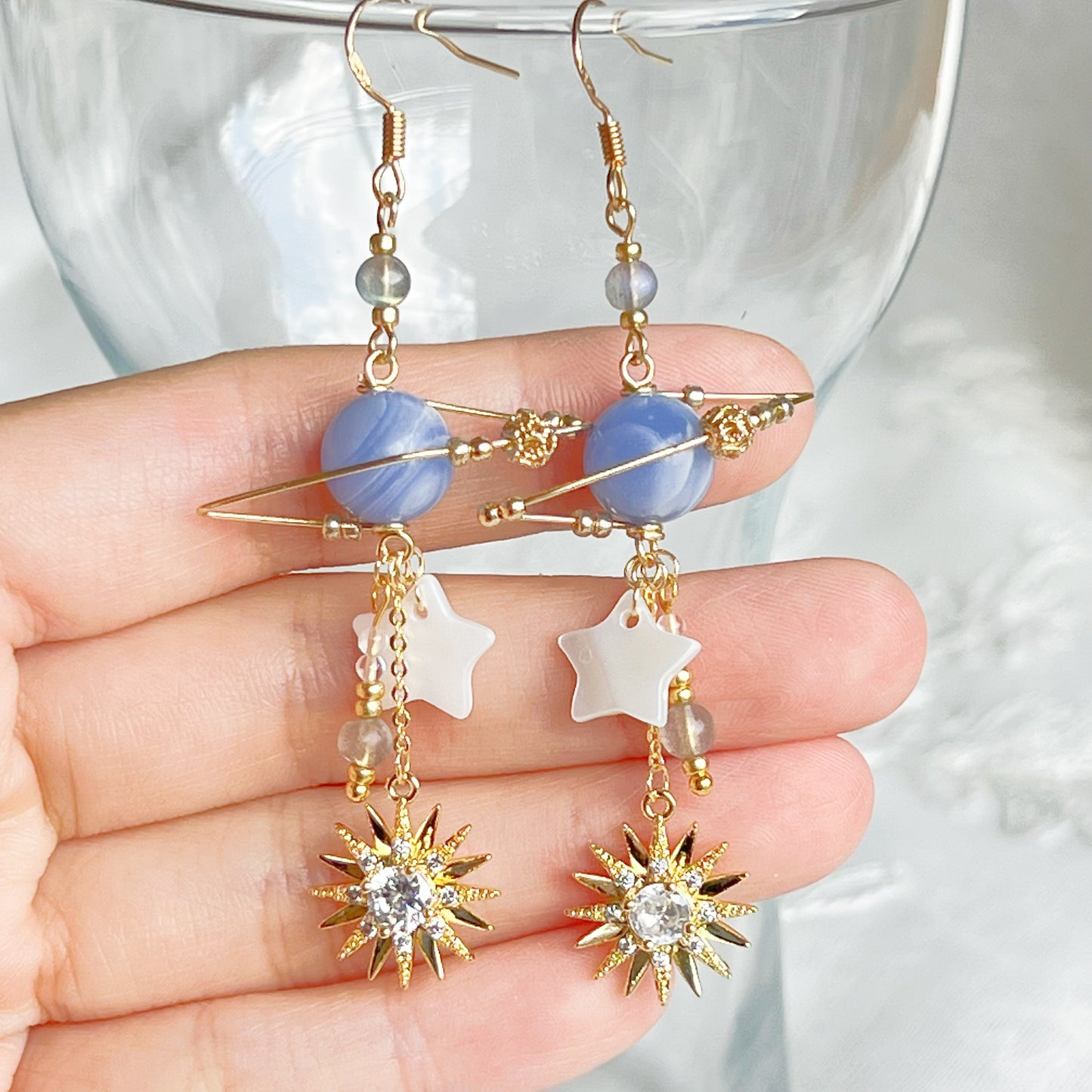 Blue Sodalite Stone Planet Sun and Star Earrings-Ninaouity