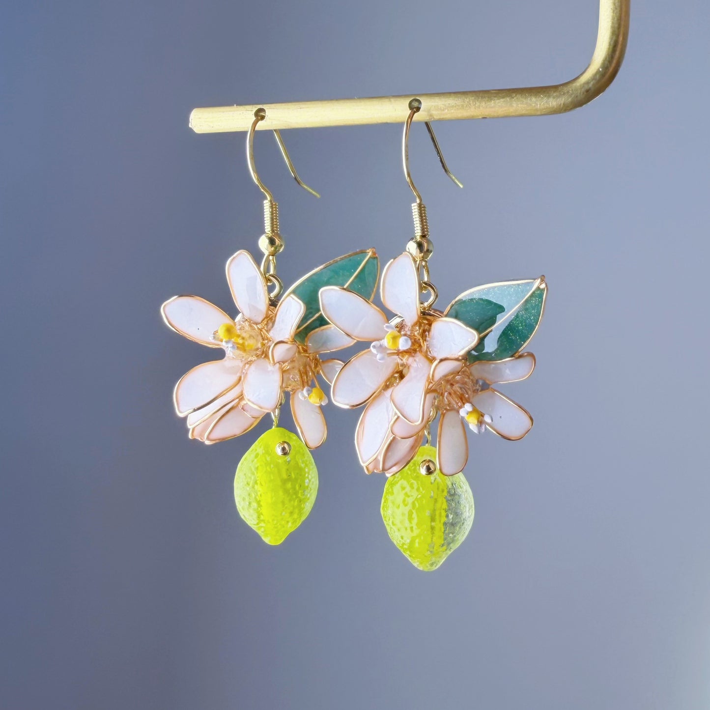Handmade Citrus Green Lemon Lime Blossom Flowers and Leaves Drop Earrings