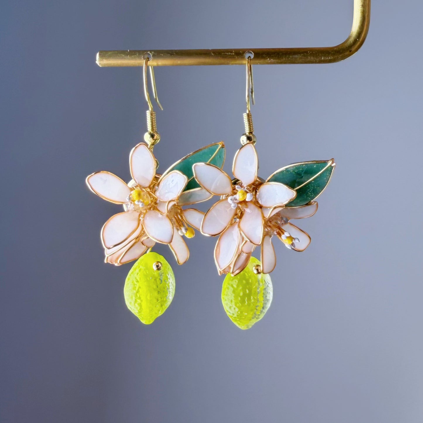 Handmade Citrus Green Lemon Lime Blossom Flowers and Leaves Drop Earrings