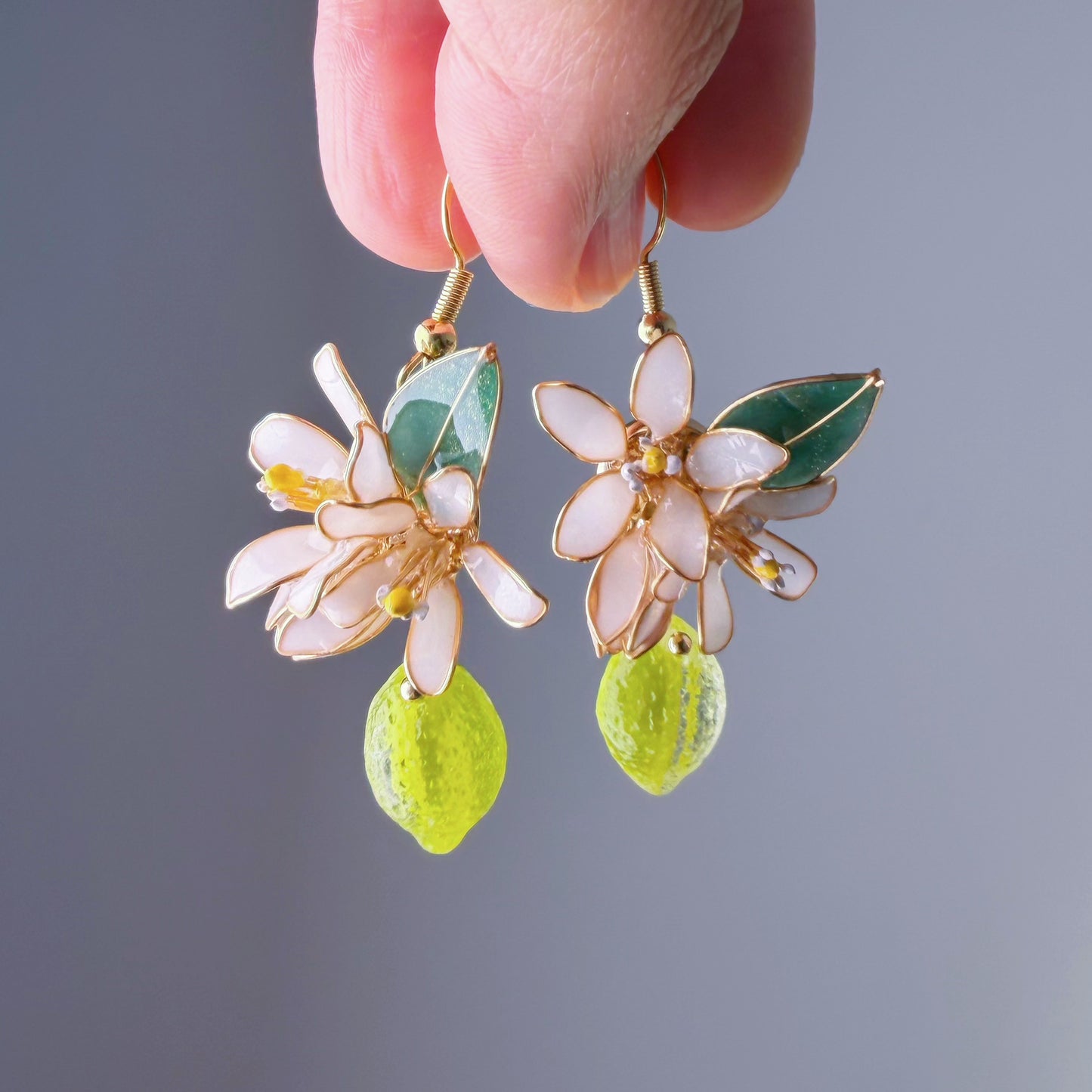 Handmade Citrus Green Lemon Lime Blossom Flowers and Leaves Drop Earrings