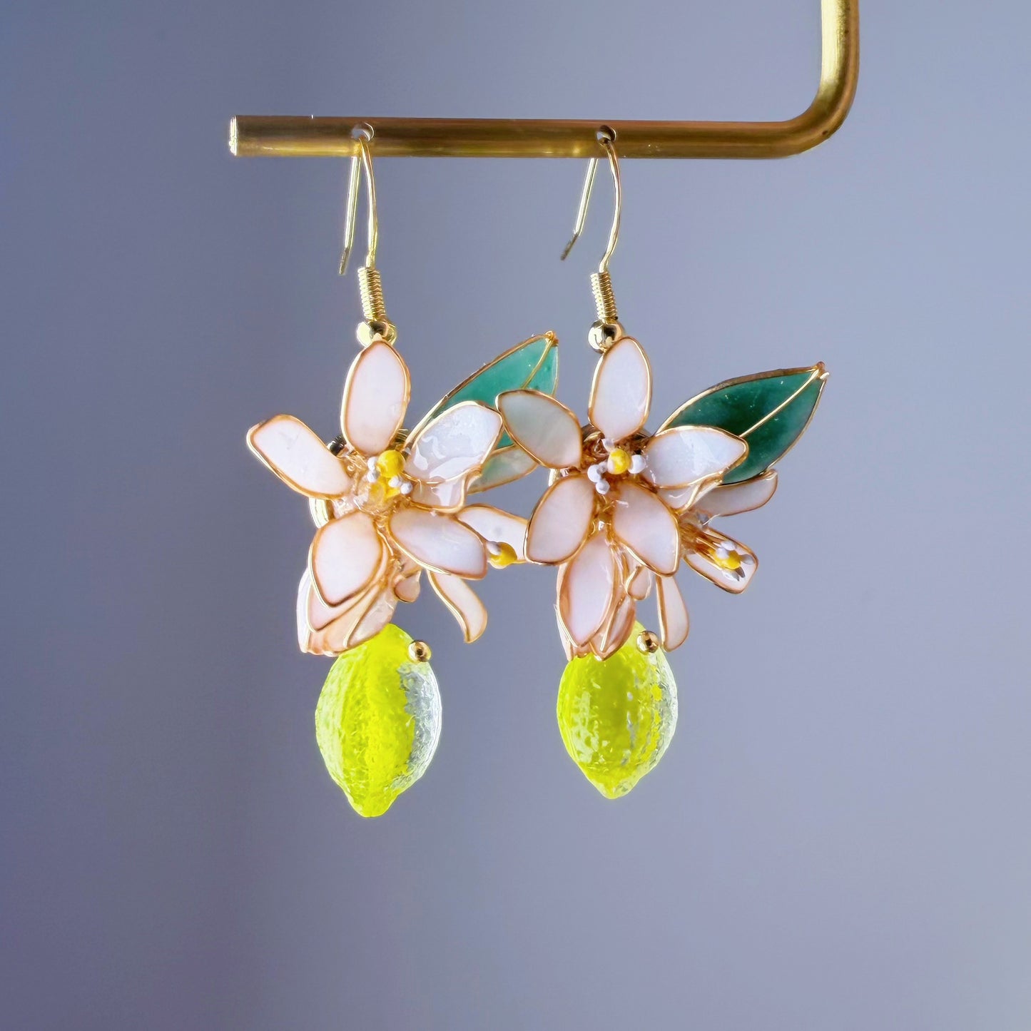 Handmade Citrus Green Lemon Lime Blossom Flowers and Leaves Drop Earrings
