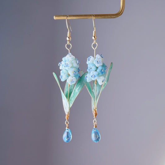 Handmade Blue Hyacinth Flower with Leaves Earrings