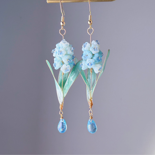 Handmade Blue Hyacinth Flower with Leaves Earrings