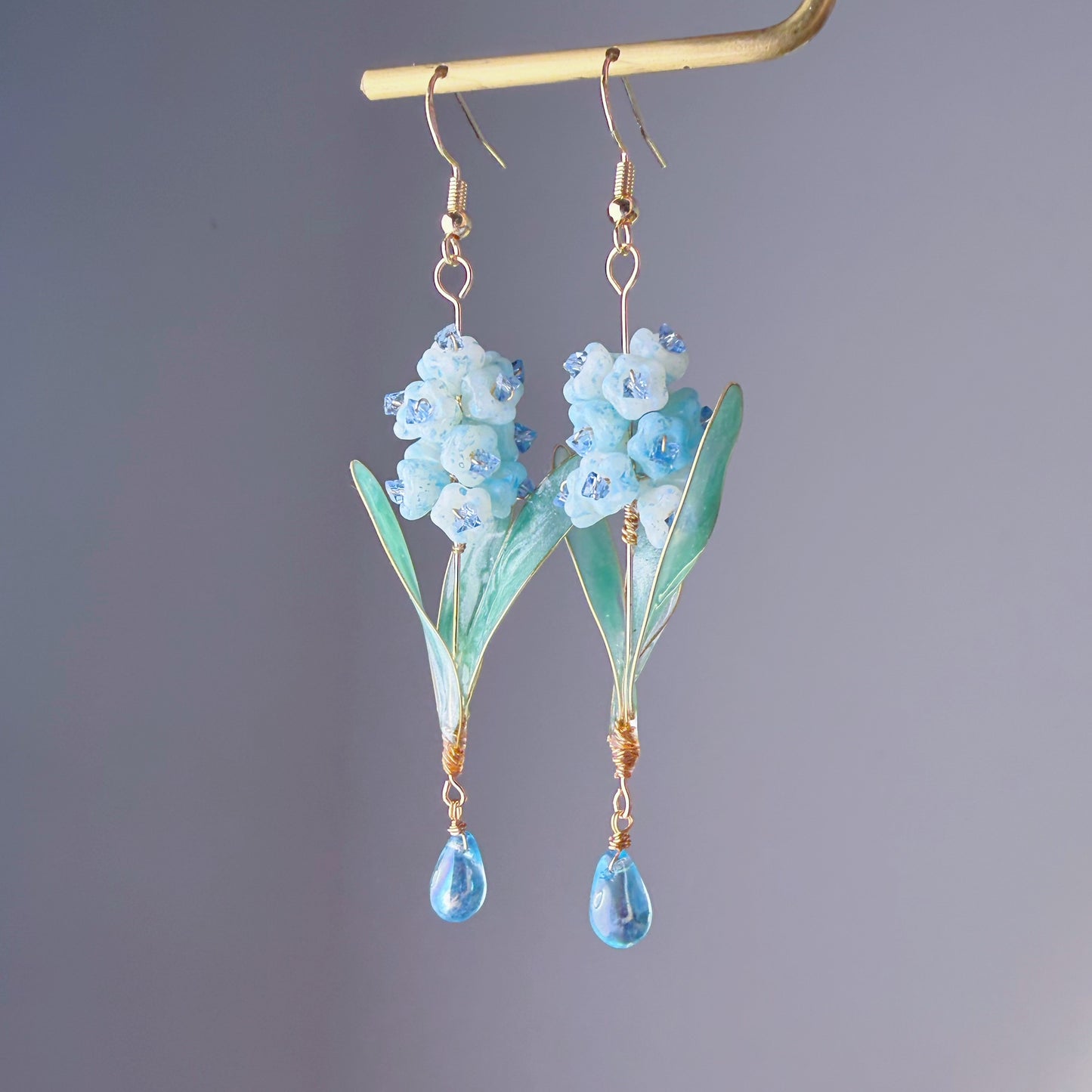 Handmade Blue Hyacinth Flower with Leaves Earrings