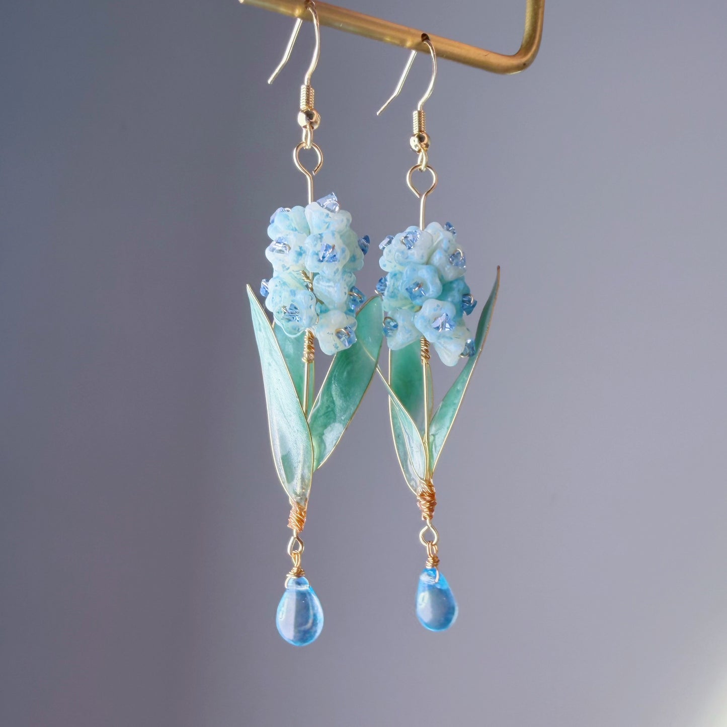 Handmade Blue Hyacinth Flower with Leaves Earrings