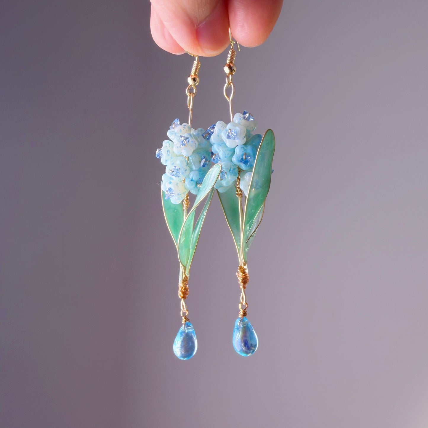 Handmade Blue Hyacinth Flower with Leaves Earrings