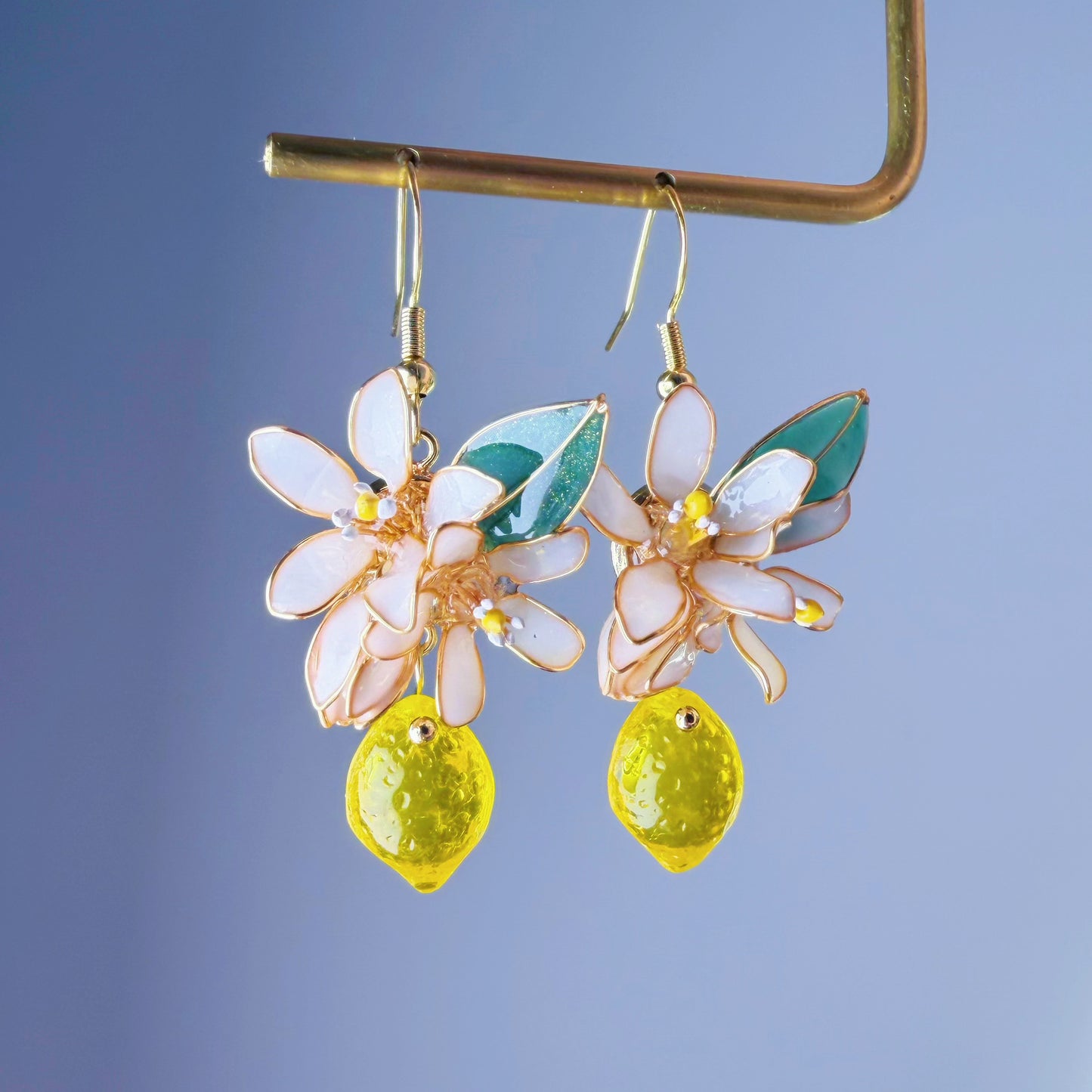 Handmade Citrus Lemon Blossom Flowers and Leaves Drop Earrings