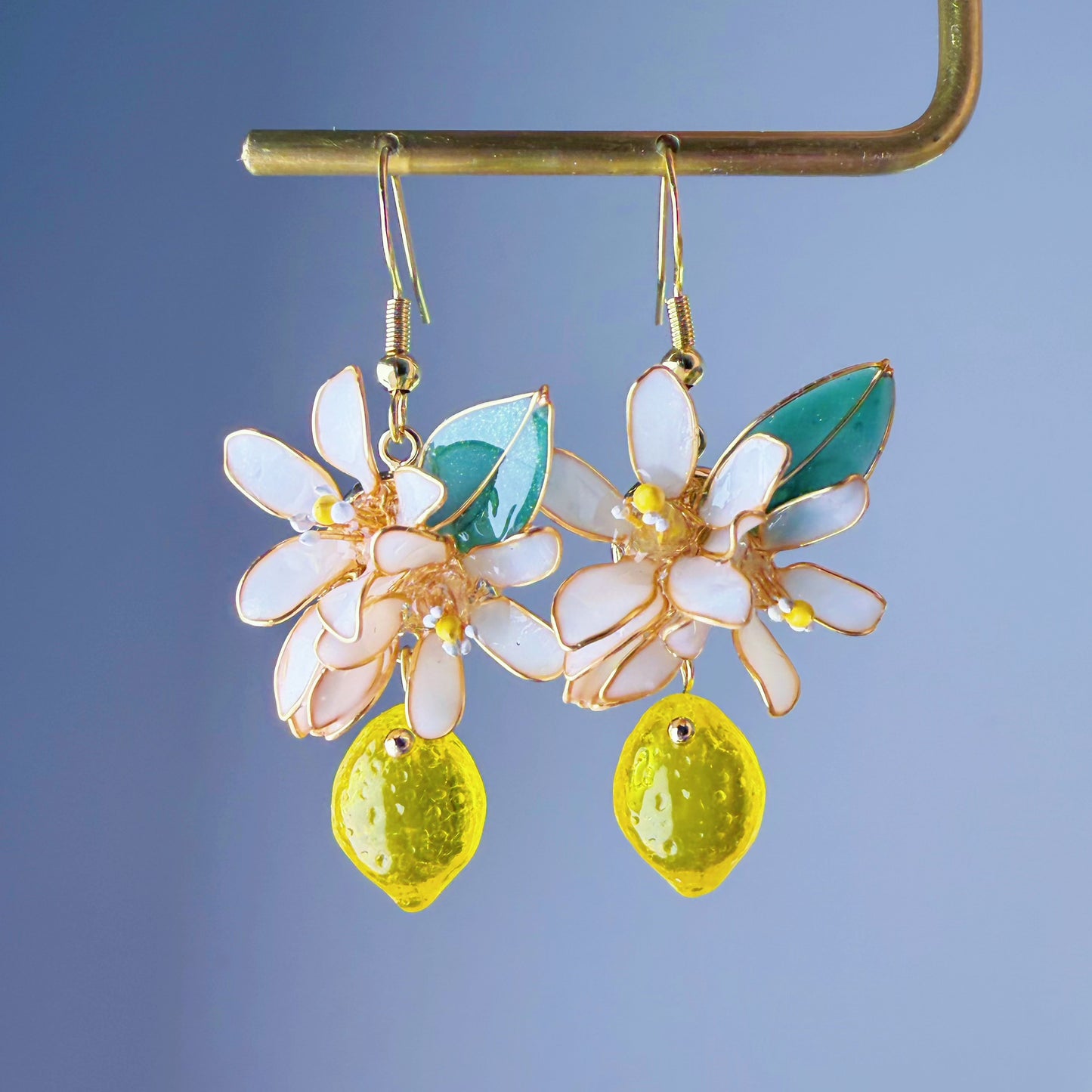 Handmade Citrus Lemon Blossom Flowers and Leaves Drop Earrings