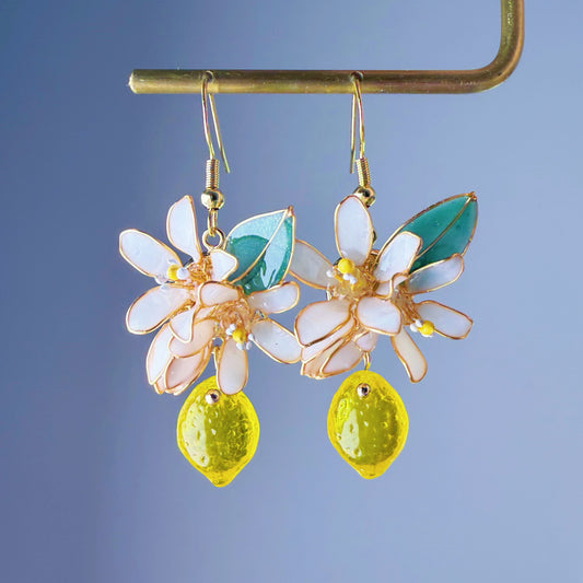 Handmade Citrus Lemon Blossom Flowers and Leaves Drop Earrings