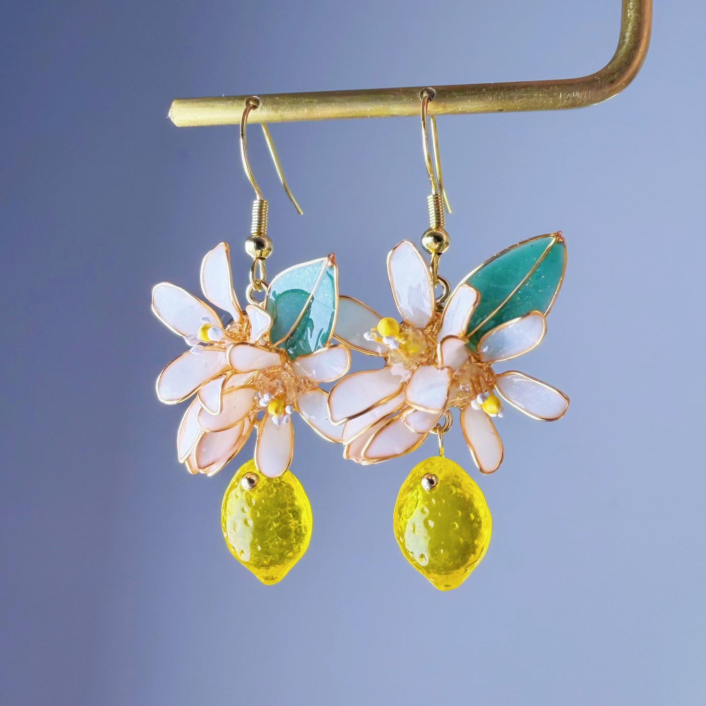 Handmade Citrus Lemon Blossom Flowers and Leaves Drop Earrings