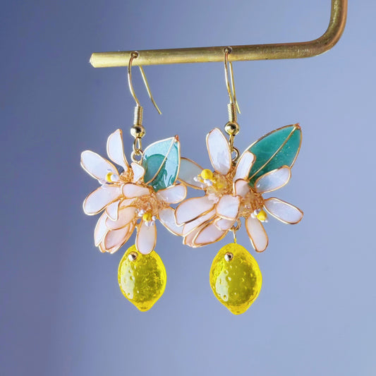 Handmade Citrus Lemon Blossom Flowers and Leaves Drop Earrings