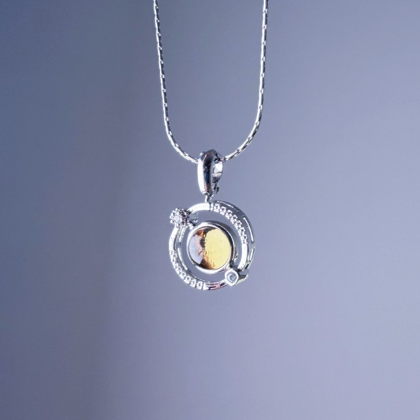 Natural Yellow Citrine Crystal Silver Planet Spinner Necklace