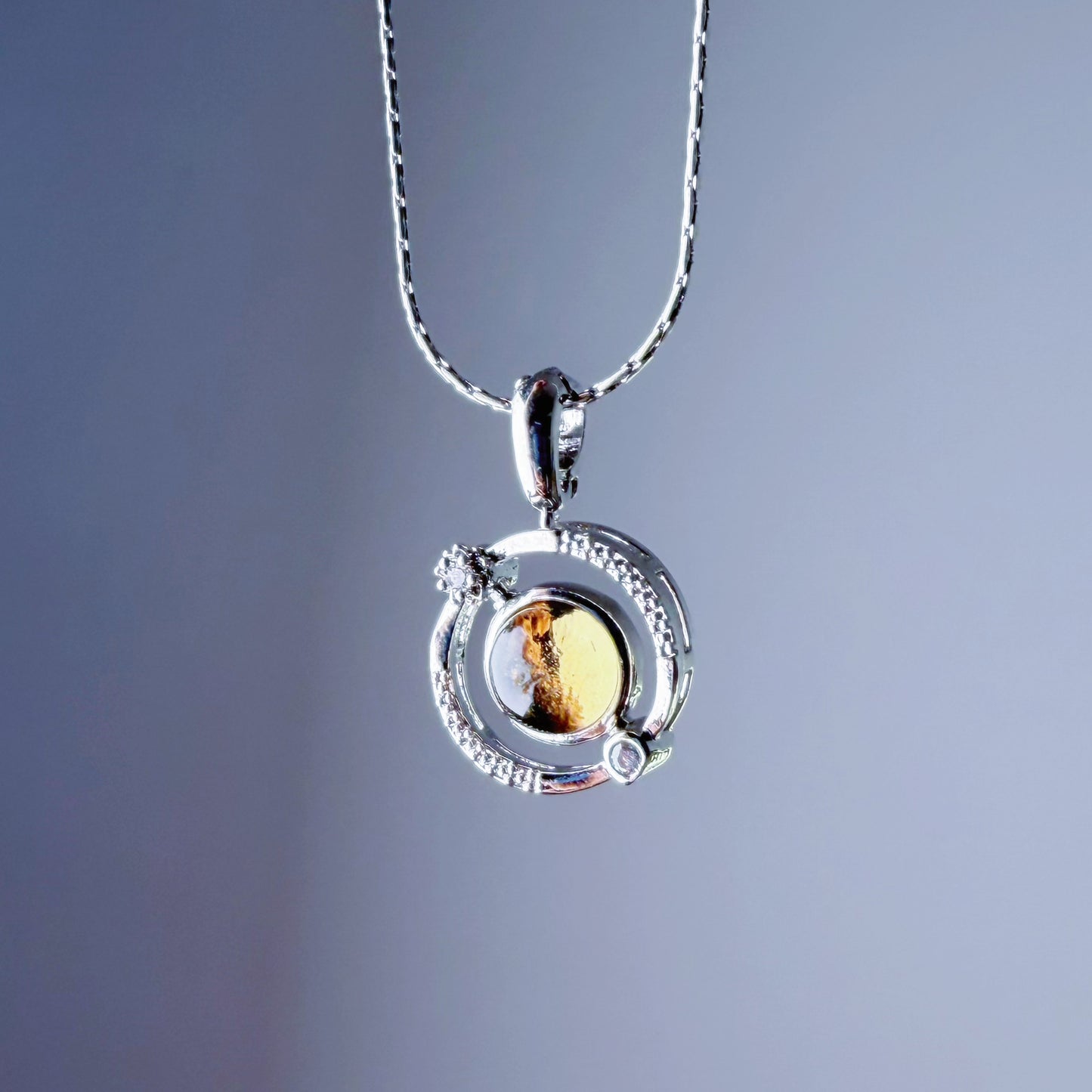 Natural Yellow Citrine Crystal Silver Planet Spinner Necklace