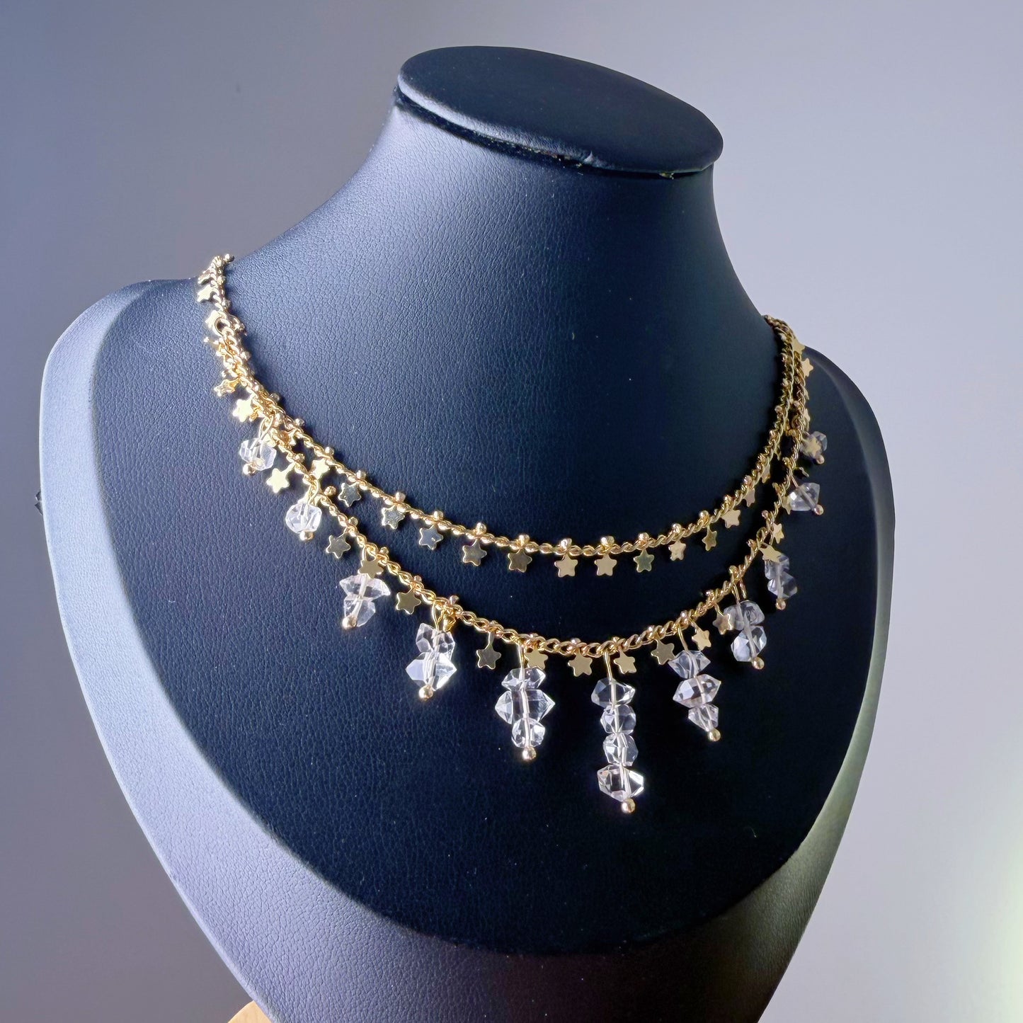 Handmade Natural Herkimer Diamond Crystal Double Layered Star Chain Necklace