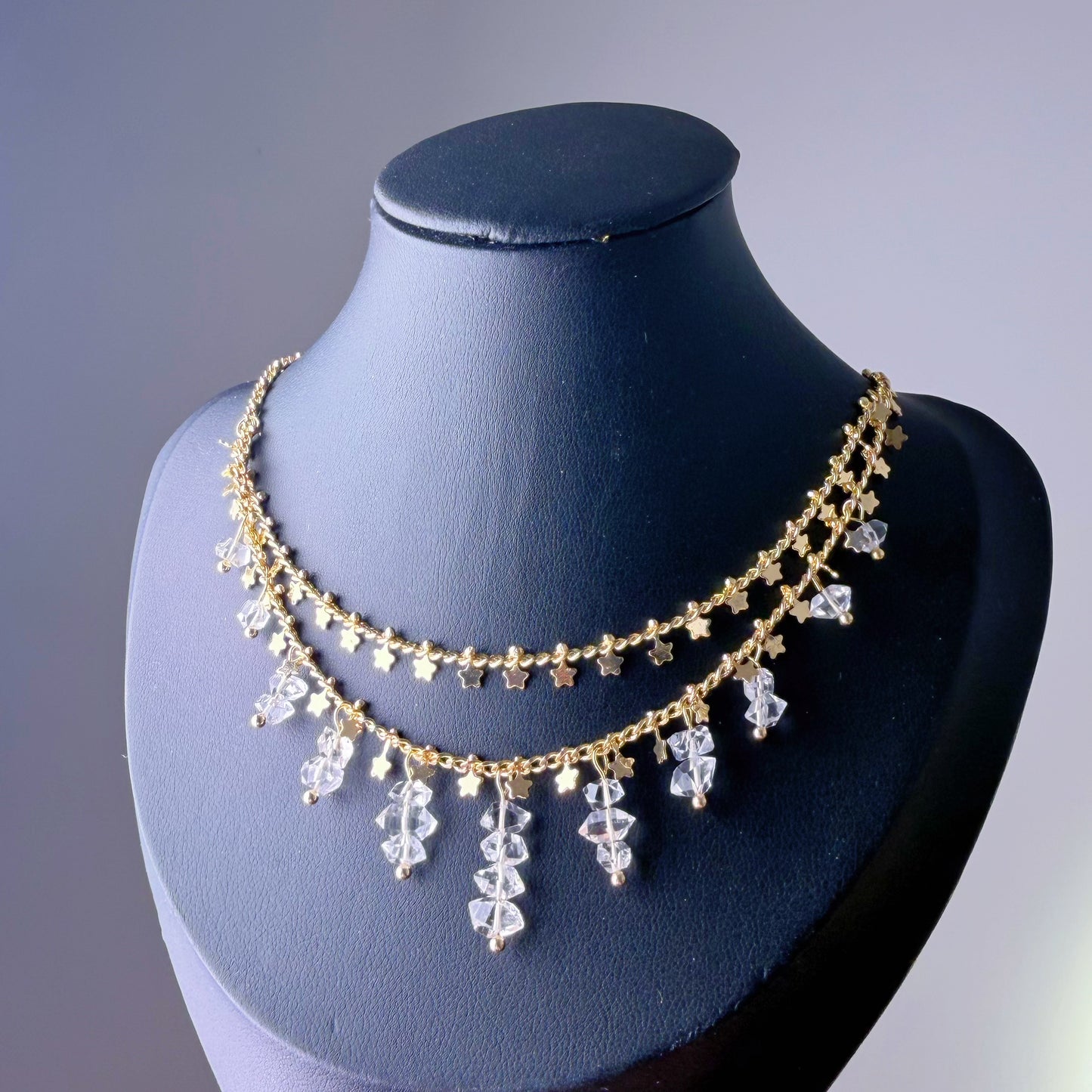 Handmade Natural Herkimer Diamond Crystal Double Layered Star Chain Necklace