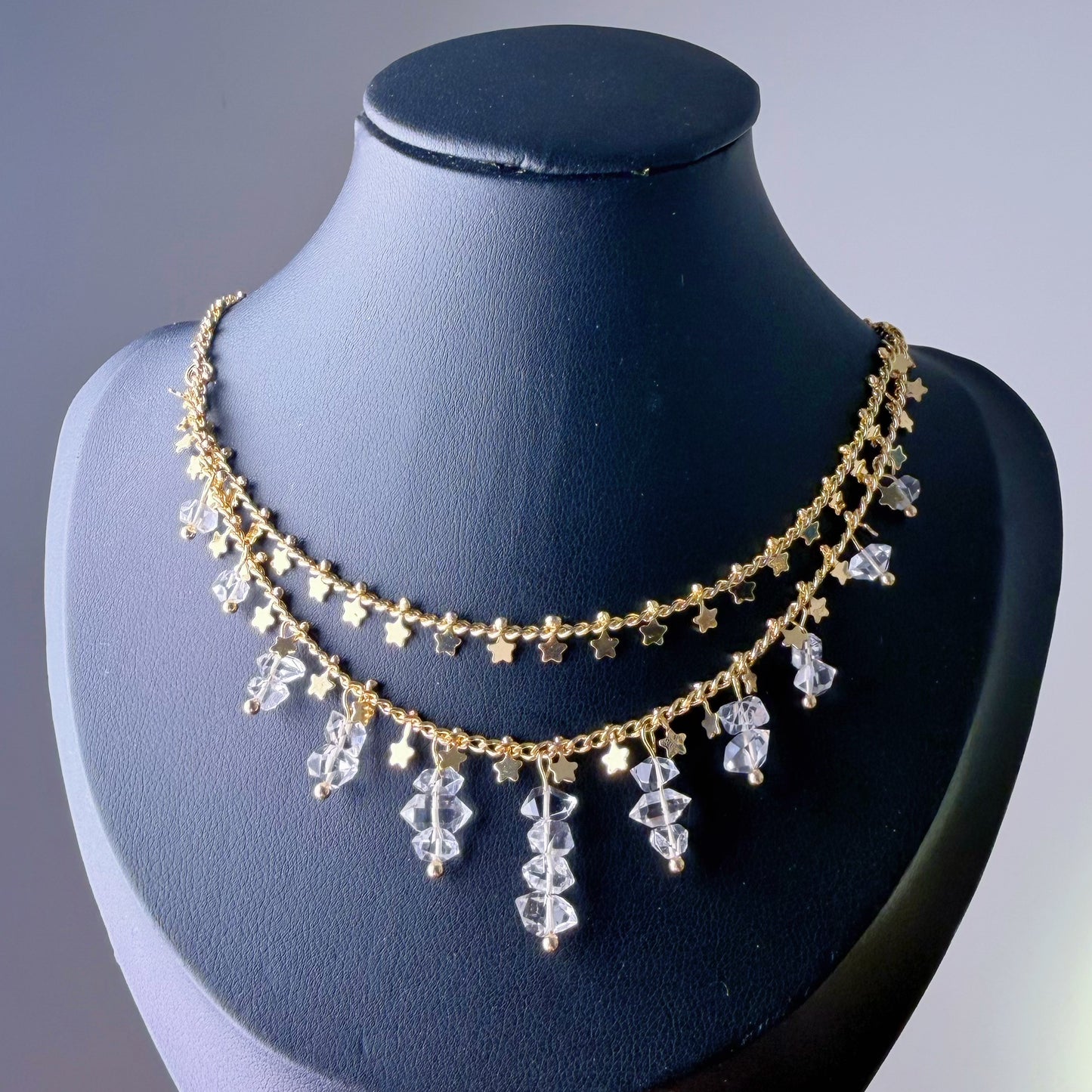 Handmade Natural Herkimer Diamond Crystal Double Layered Star Chain Necklace