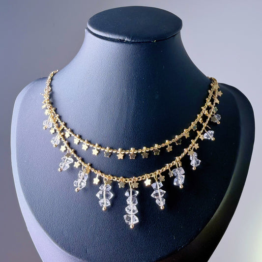 Handmade Natural Herkimer Diamond Crystal Double Layered Star Chain Necklace