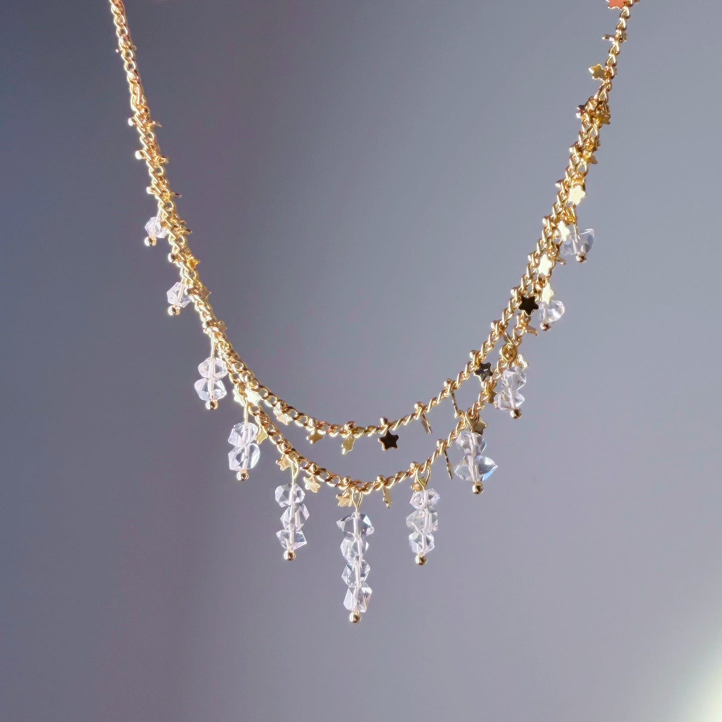 Handmade Natural Herkimer Diamond Crystal Double Layered Star Chain Necklace