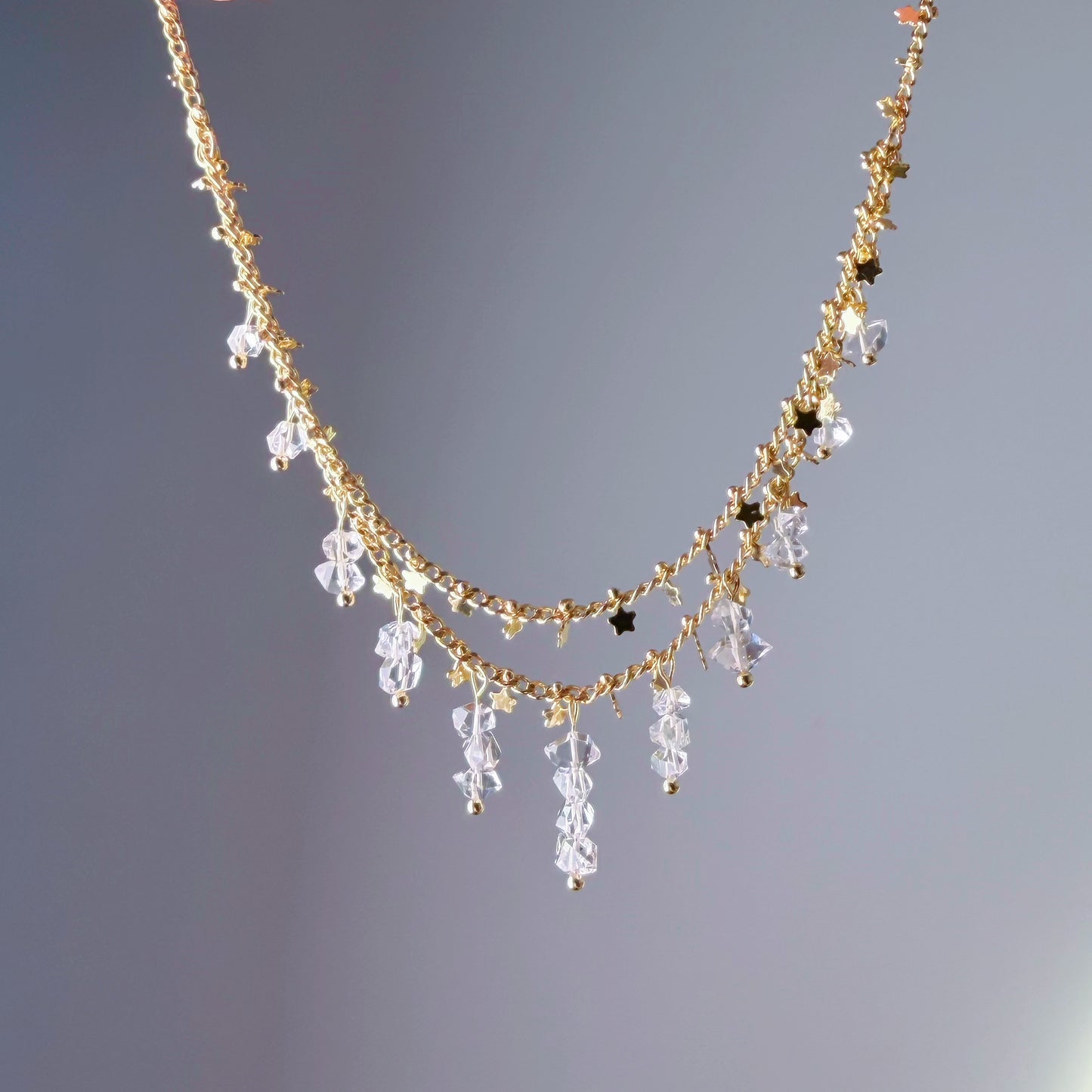 Handmade Natural Herkimer Diamond Crystal Double Layered Star Chain Necklace