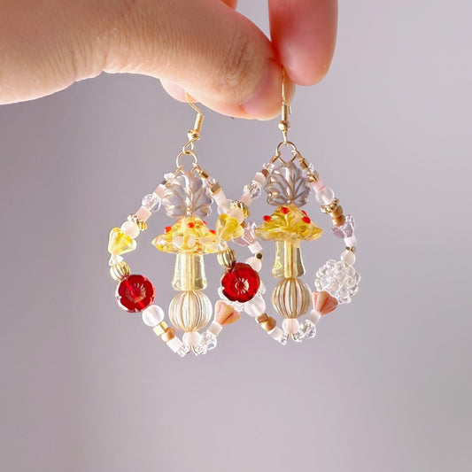 Handmade Magic Red Mushrooms Glass Beads Hoop Earrings