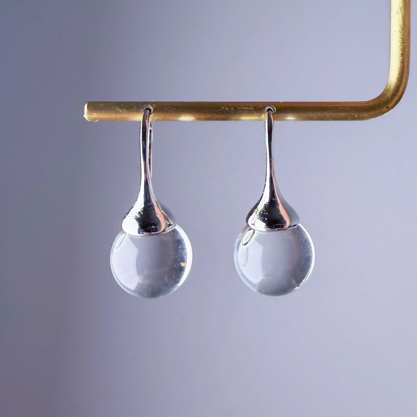 Handmade Natural Clear Quartz Globe Large Water Drop Earrings