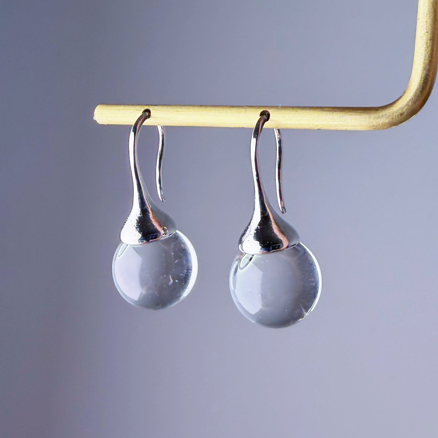 Handmade Natural Clear Quartz Globe Large Water Drop Earrings