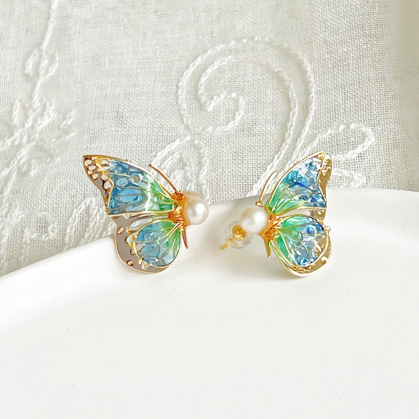 Handmade Blue Green Butterflies Earrings-Ninaouity
