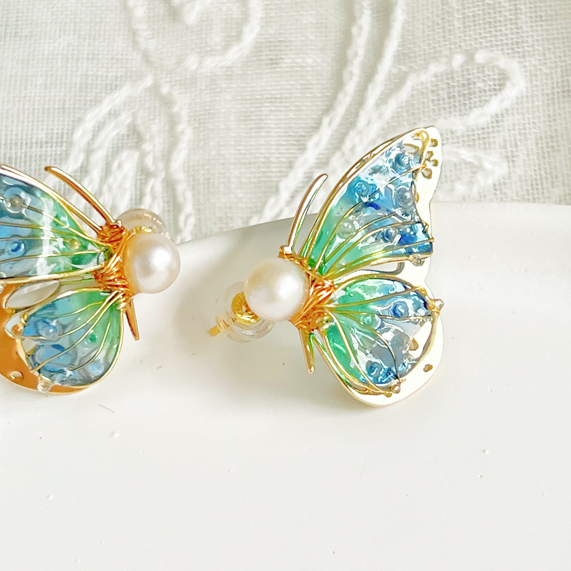 Handmade Blue Green Butterflies Earrings-Ninaouity