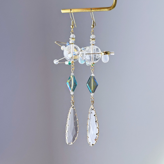 Clear Quartz Planet with Crystal and Diamond Drop Earrings