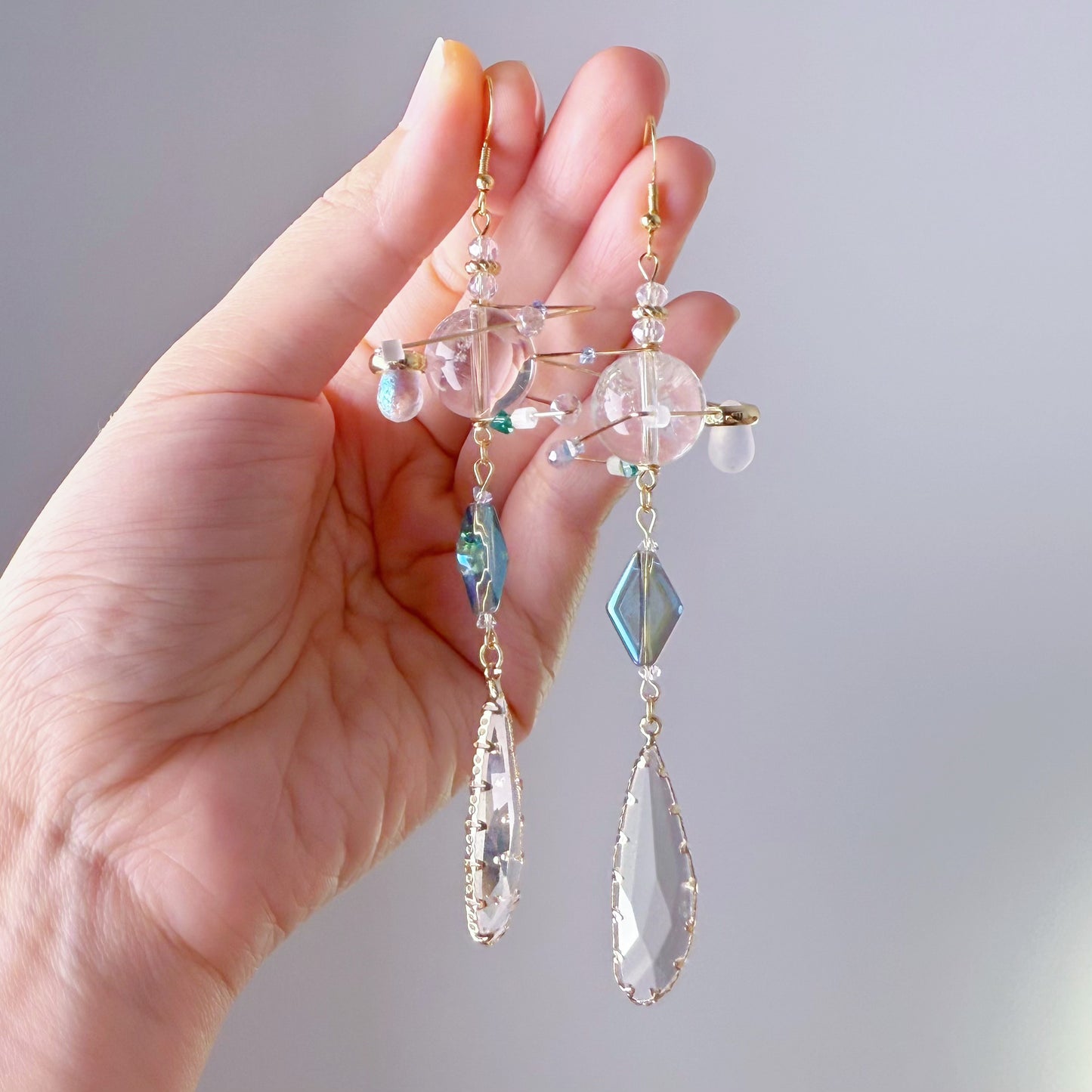 Clear Quartz Planet with Crystal and Diamond Drop Earrings