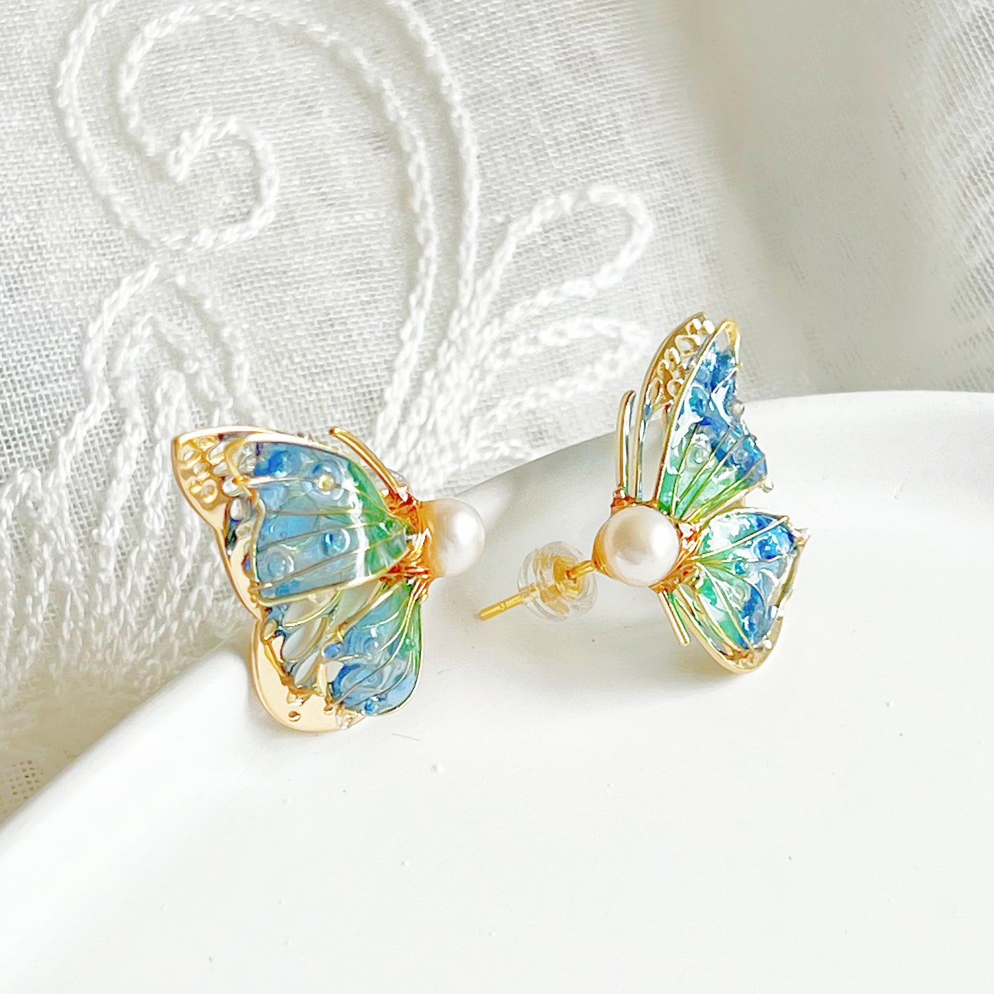 Handmade Blue Green Butterflies Earrings-Ninaouity