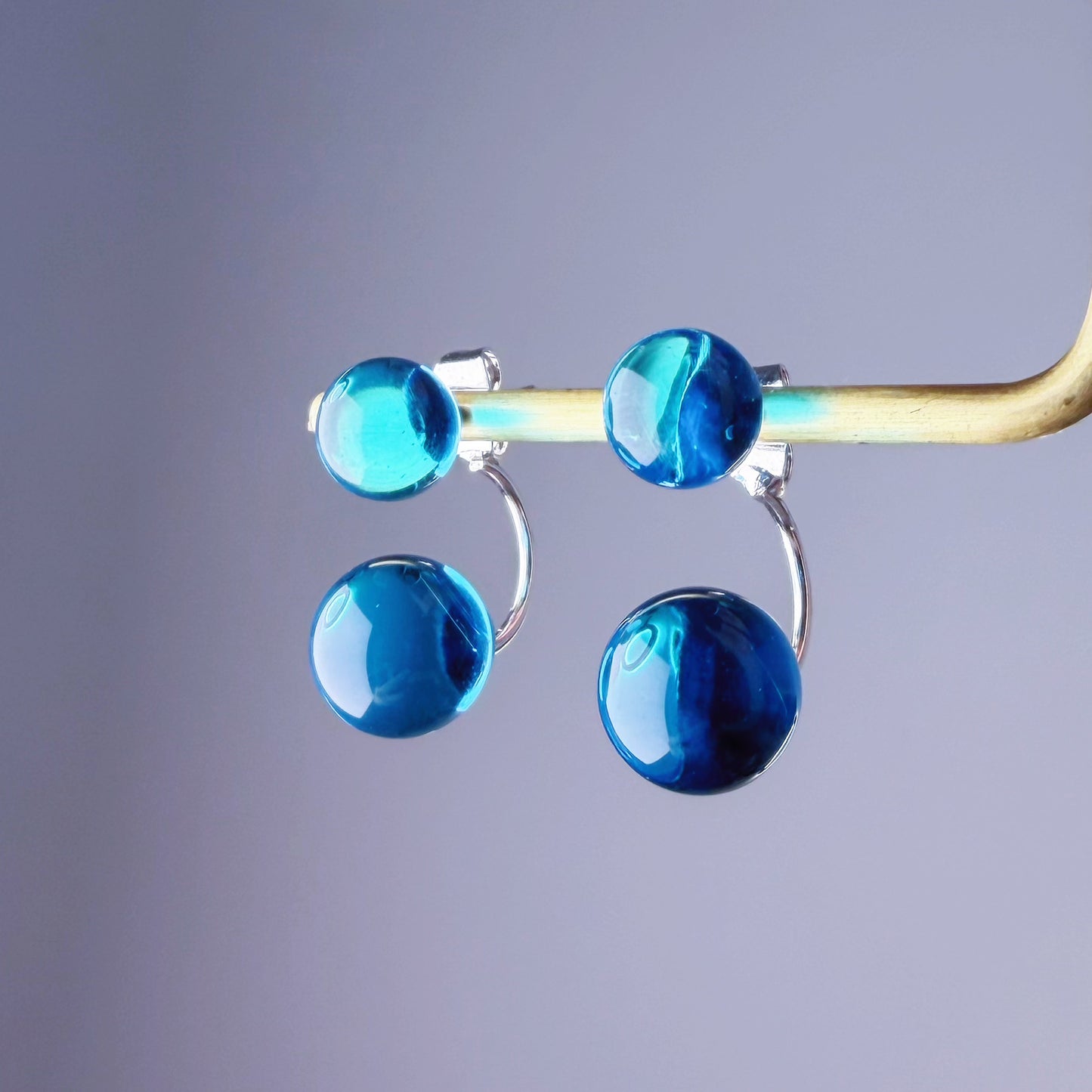 Handmade Natural Blue Quartz Globe Bubble Ear Jacket Earrings