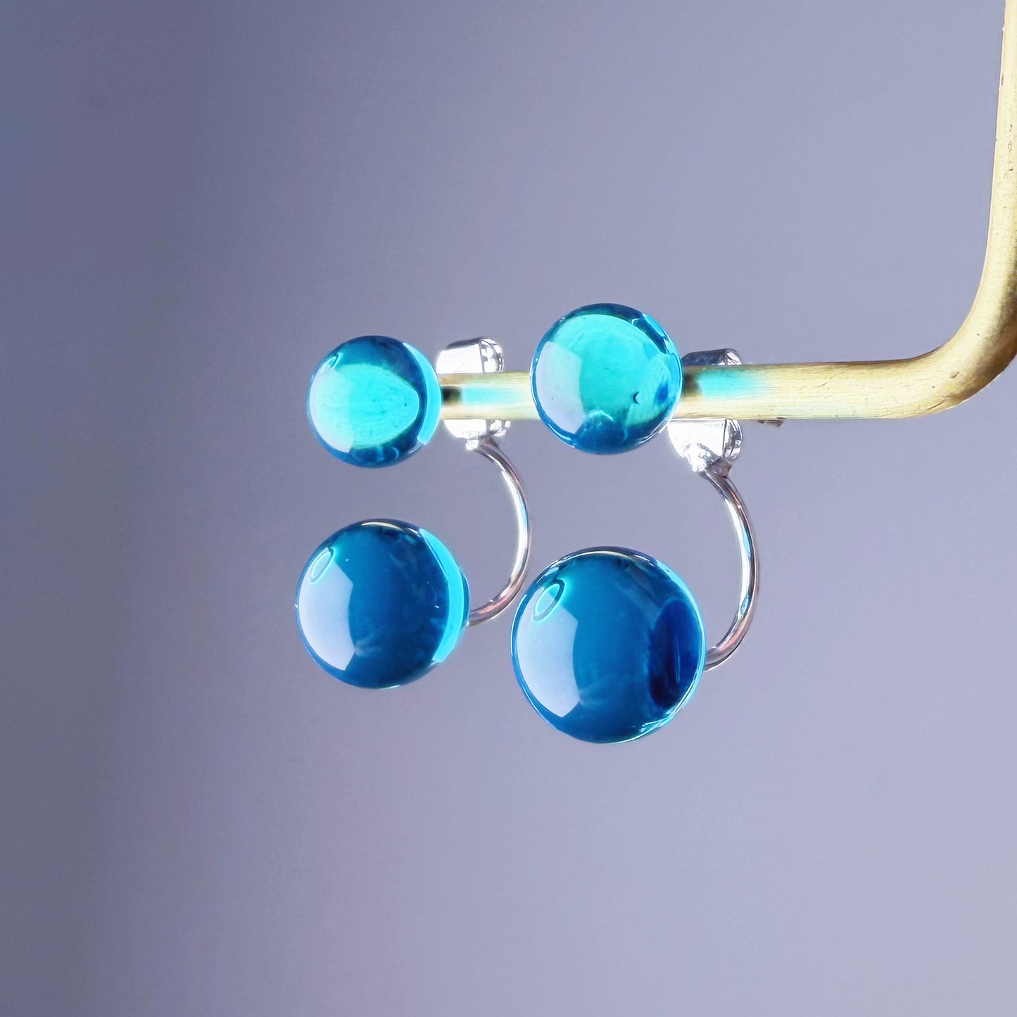 Handmade Natural Blue Quartz Globe Bubble Ear Jacket Earrings