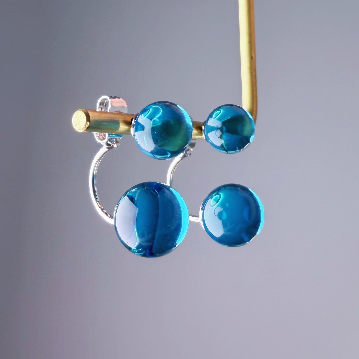 Handmade Natural Blue Quartz Globe Bubble Ear Jacket Earrings