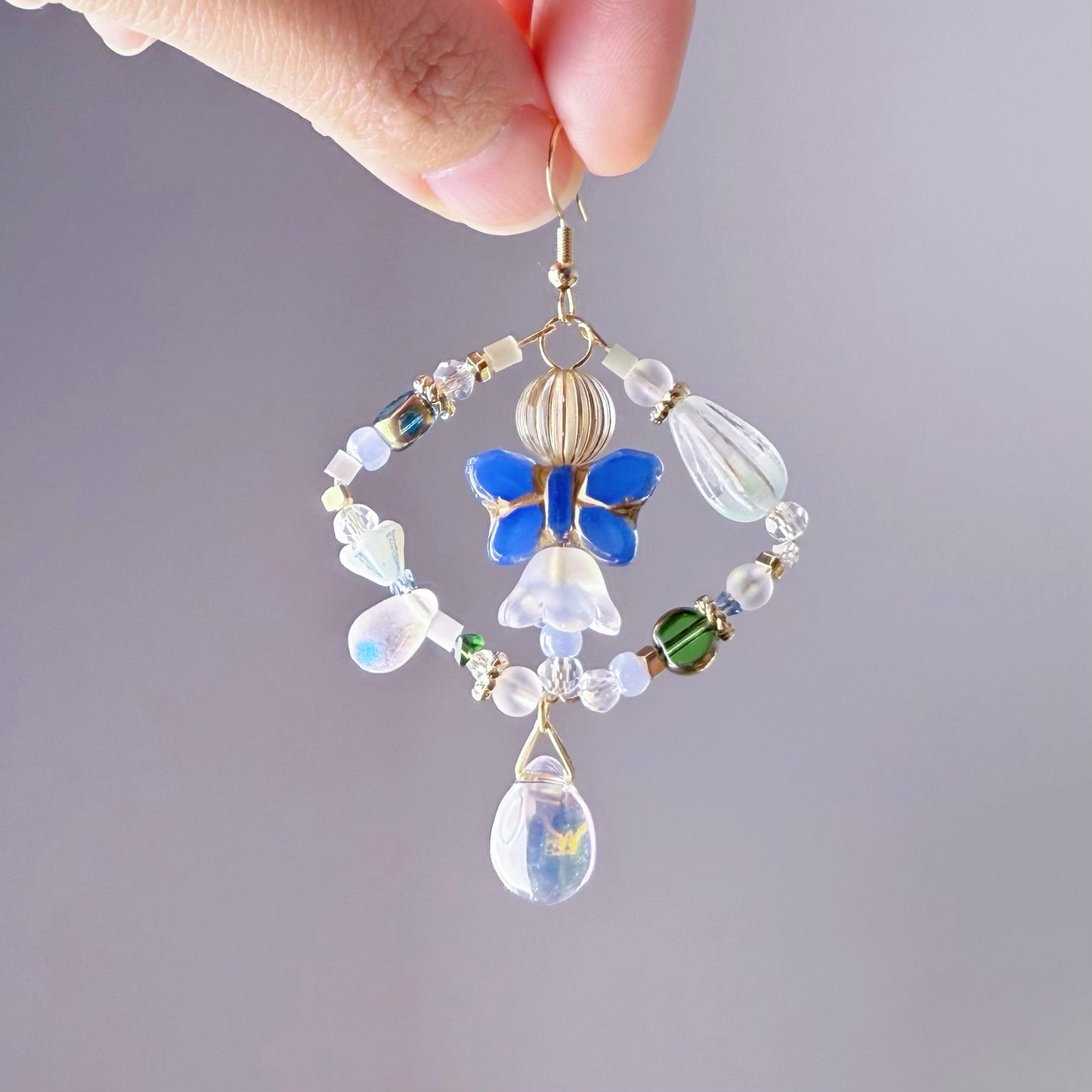 Handmade Holly Blue Butterfly Glass Beads Hoop Earrings