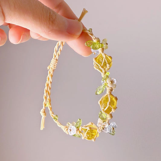 Quartzberry - Solar Plexus Chakra Citrine Raw Three Crystals Handmade Macrame Bracelet
