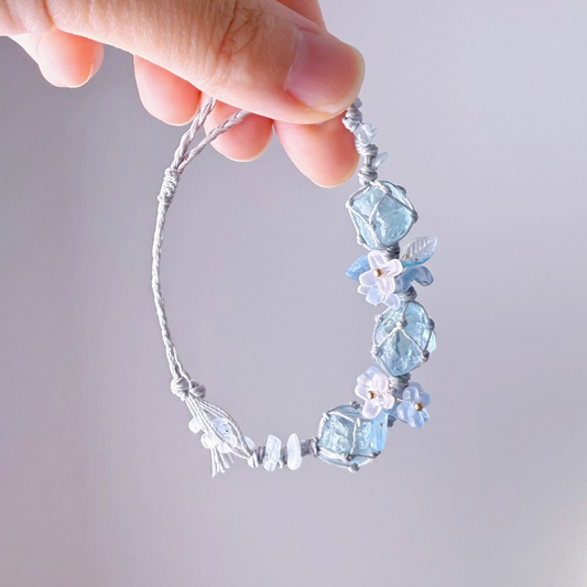 Quartzberry - Throat and Crown Chakra Aquamarine Three Crystal Grey Macrame Bracelet