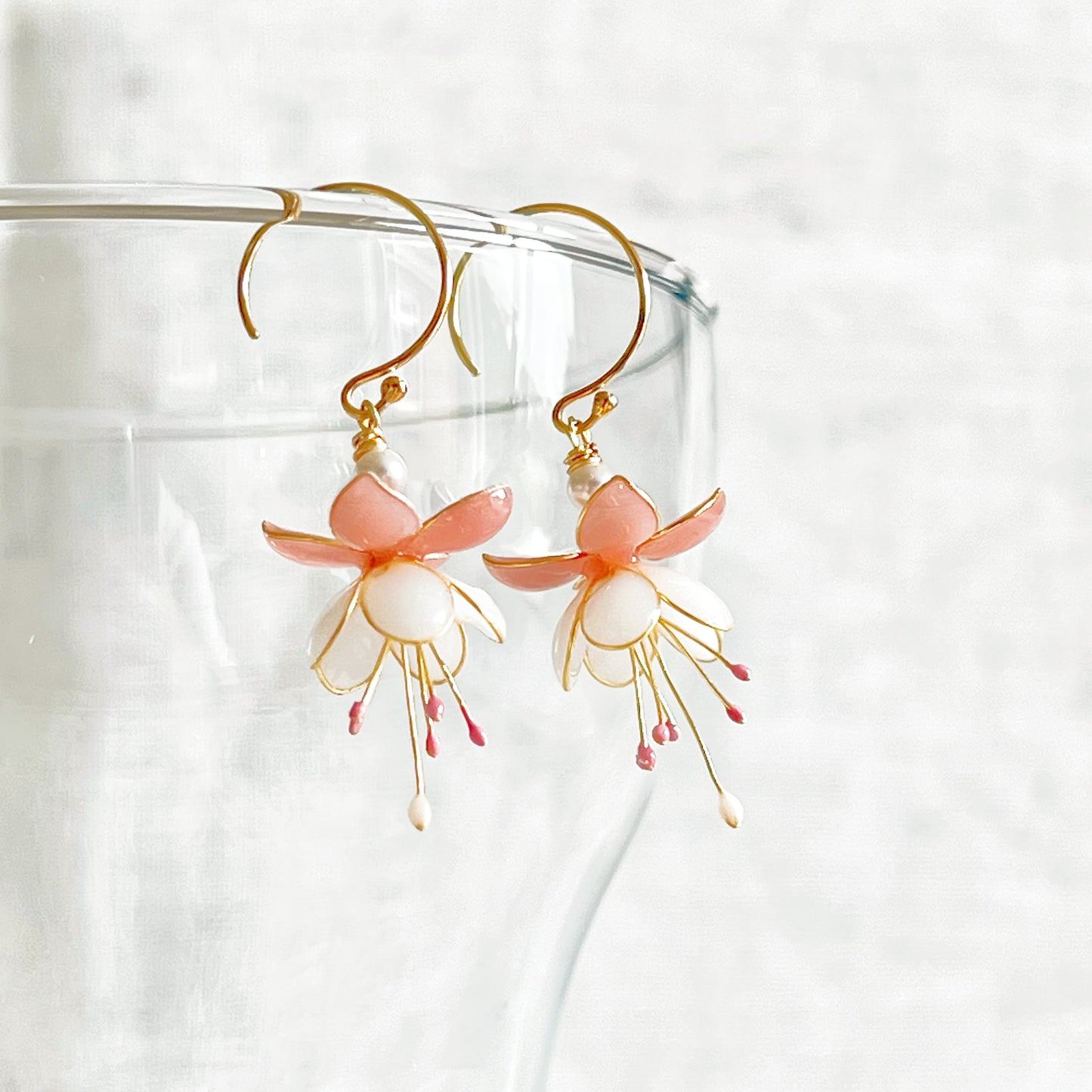 Handmade Pink and White Fuchsia Flower Earrings-Ninaouity