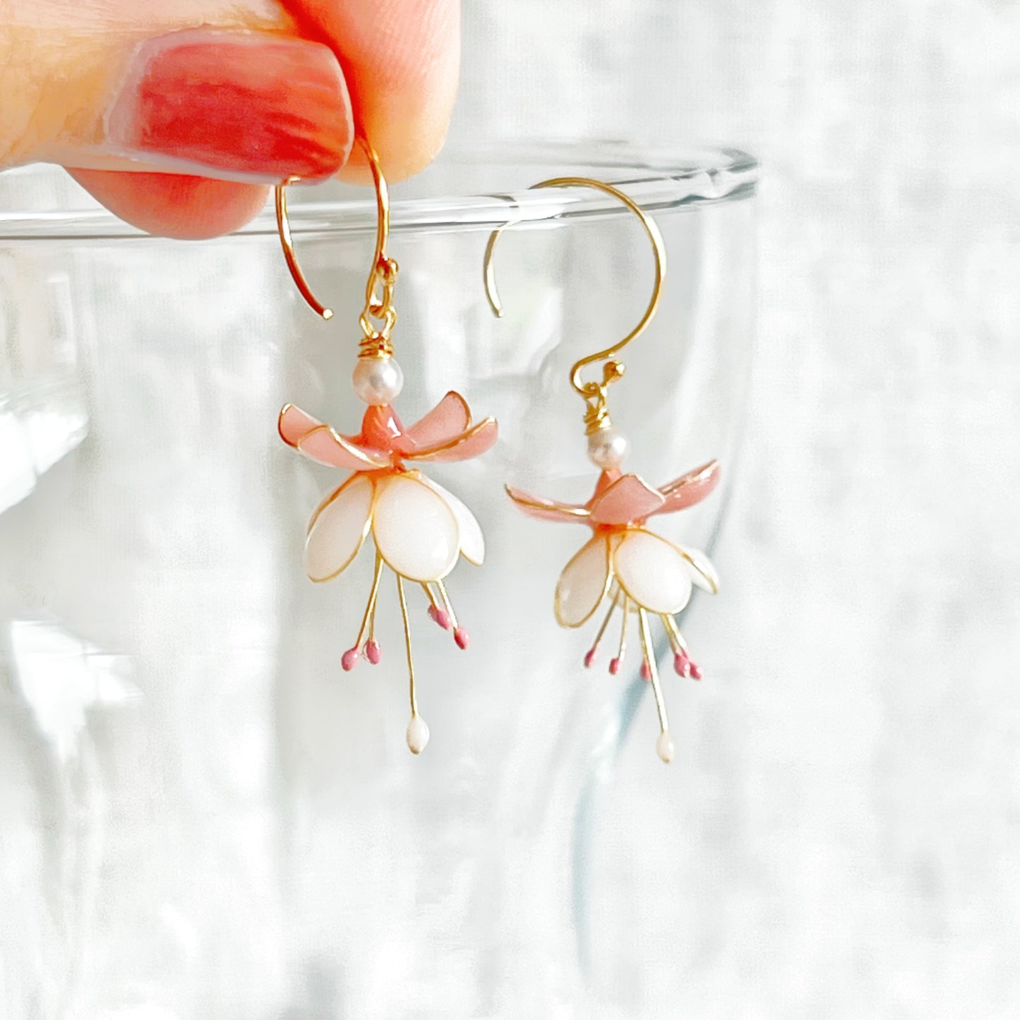 Handmade Pink and White Fuchsia Flower Earrings-Ninaouity
