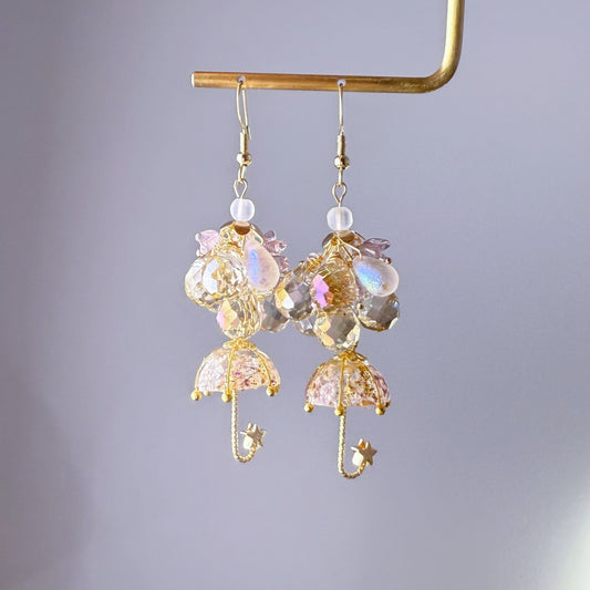 Handmade Cream and Purple Pressed Flowers Umbrella Bloom Drop Earrings